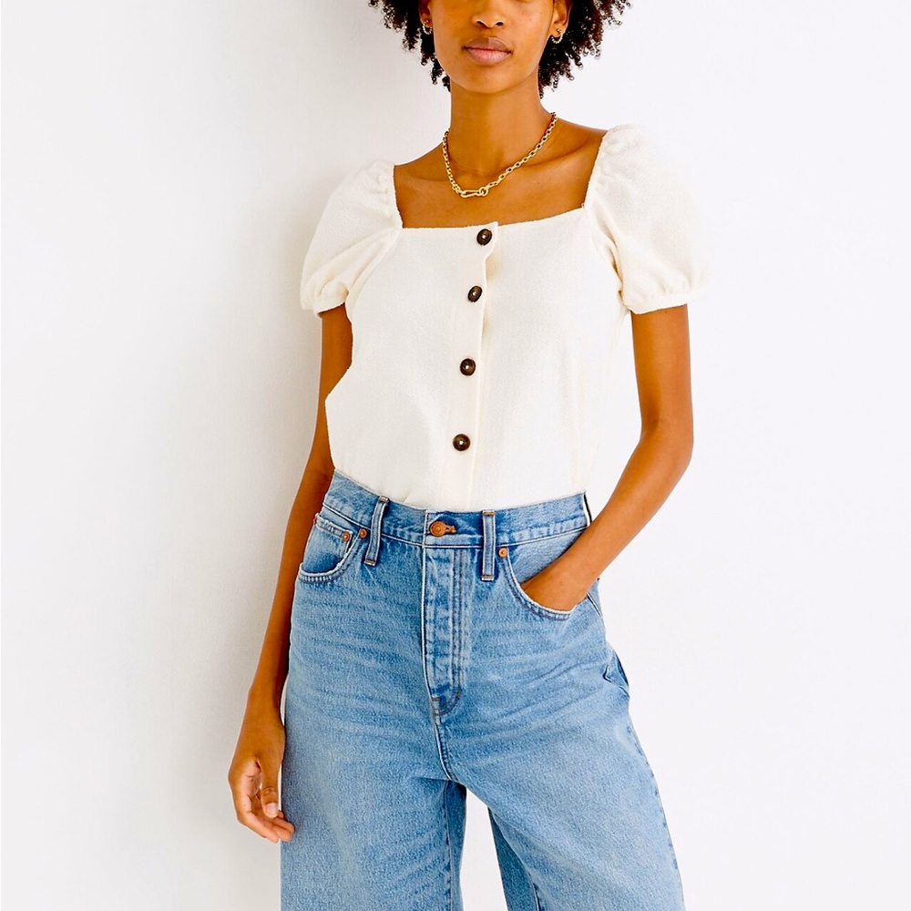 MADEWELL Square Neck Button Down puff Sleeve Cream Top, Size XXL